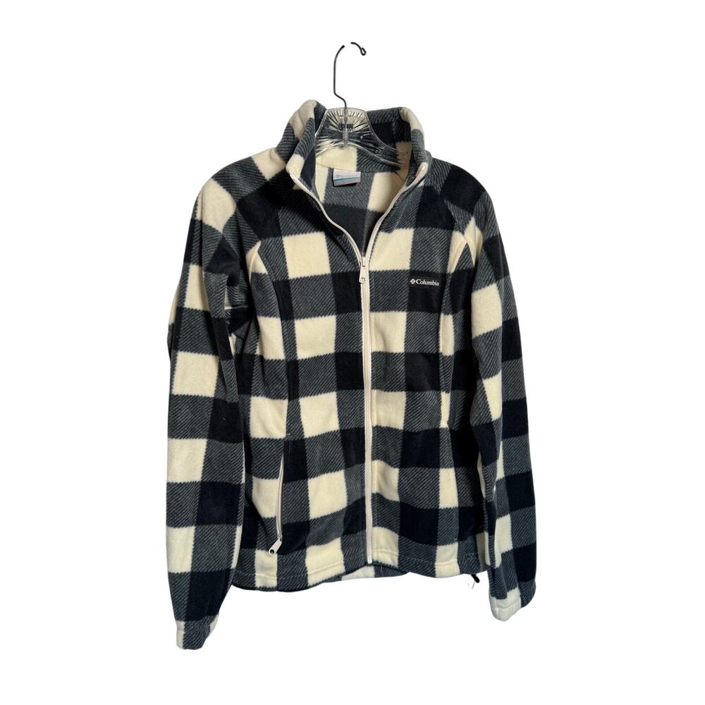 Columbia Womens Zip Up Fleece Buffalo Check Plaid Black White Cozy Size Large